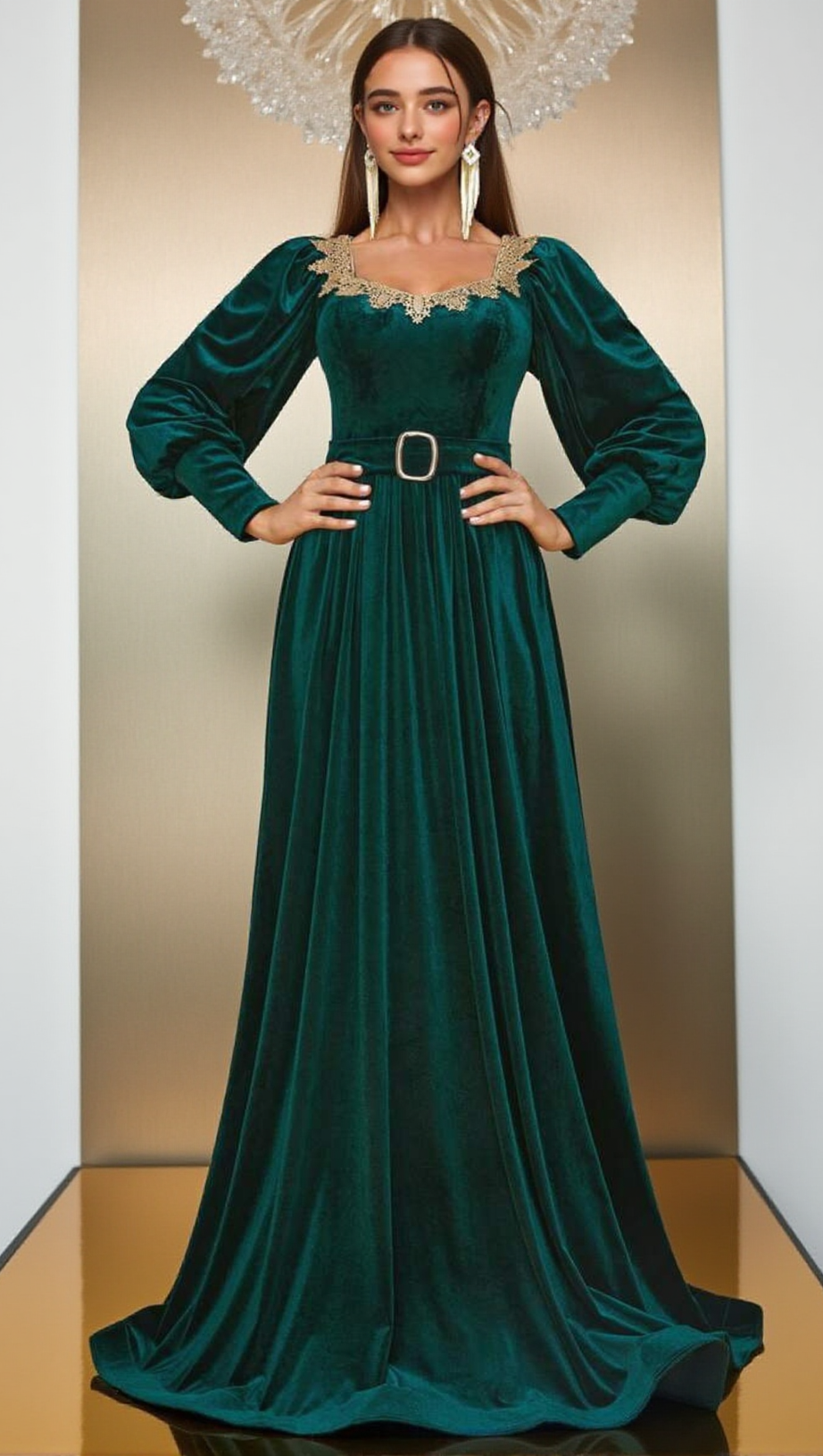 ATHENA VELVET LANTERN SLEEVE MAXI DRESS IN DARK GREEN