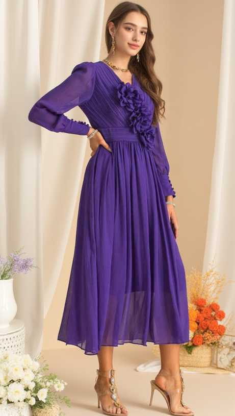 THREE-DIMENSIONAL FLOWER V-NECK PURPLE CHIFFON MAXI DRESS