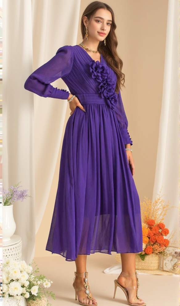 AIIZIE THREE-DIMENSIONAL FLOWER V-NECK PURPLE CHIFFON MAXI DRESS - product image