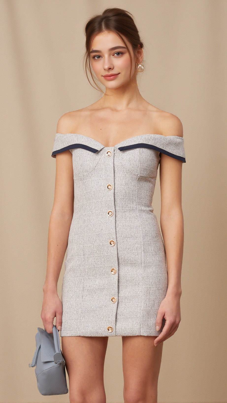 NOÉMIE GREY OFF-SHOULDER A-LINE MINI DRESS