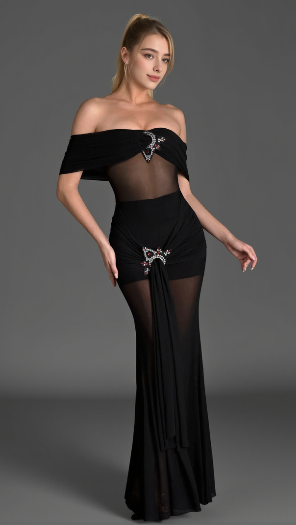 AIIZIE LOGILIS CRYSTAL SHEER MESH DRESS IN BLACK - product image