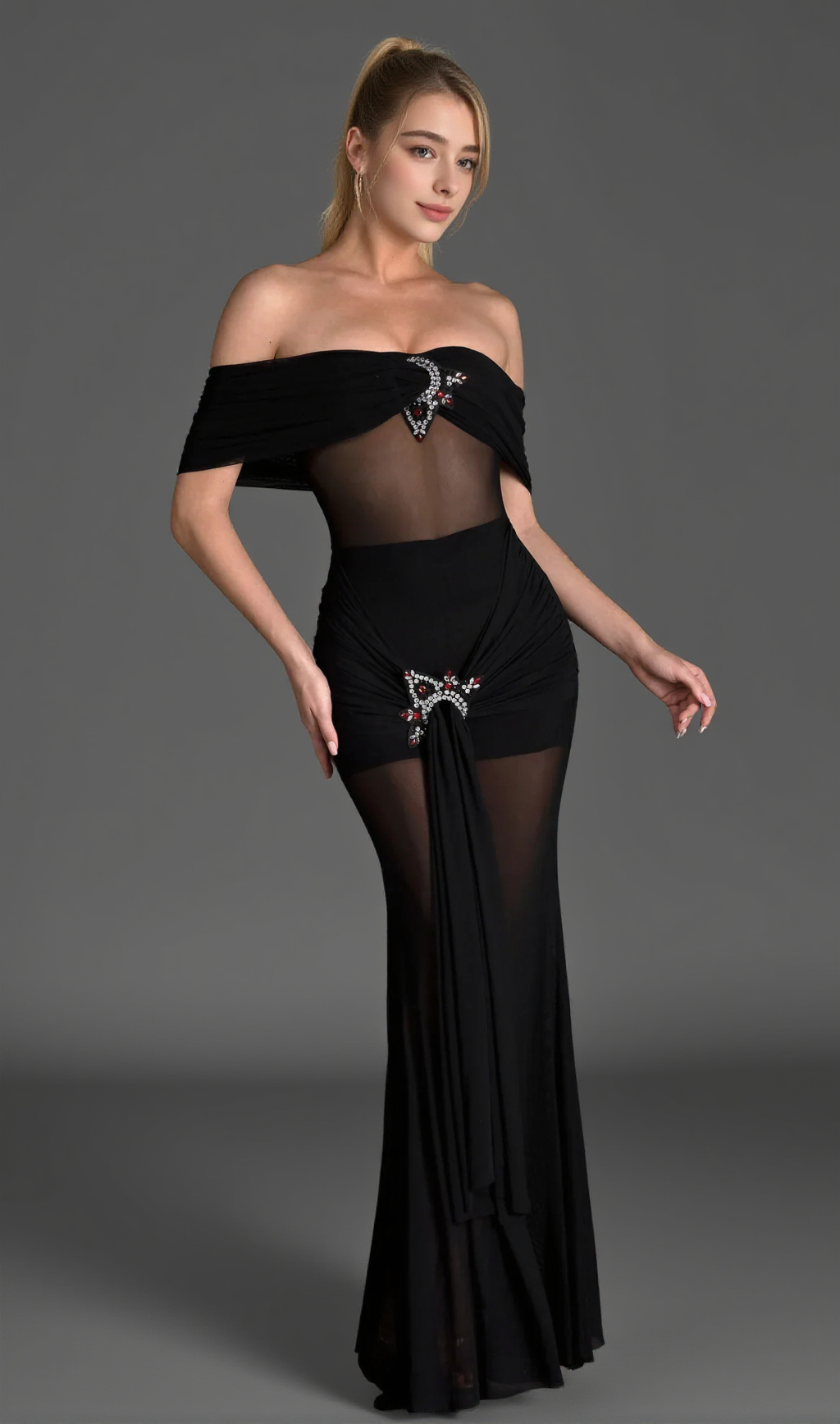 LOGILIS CRYSTAL SHEER MESH DRESS IN BLACK