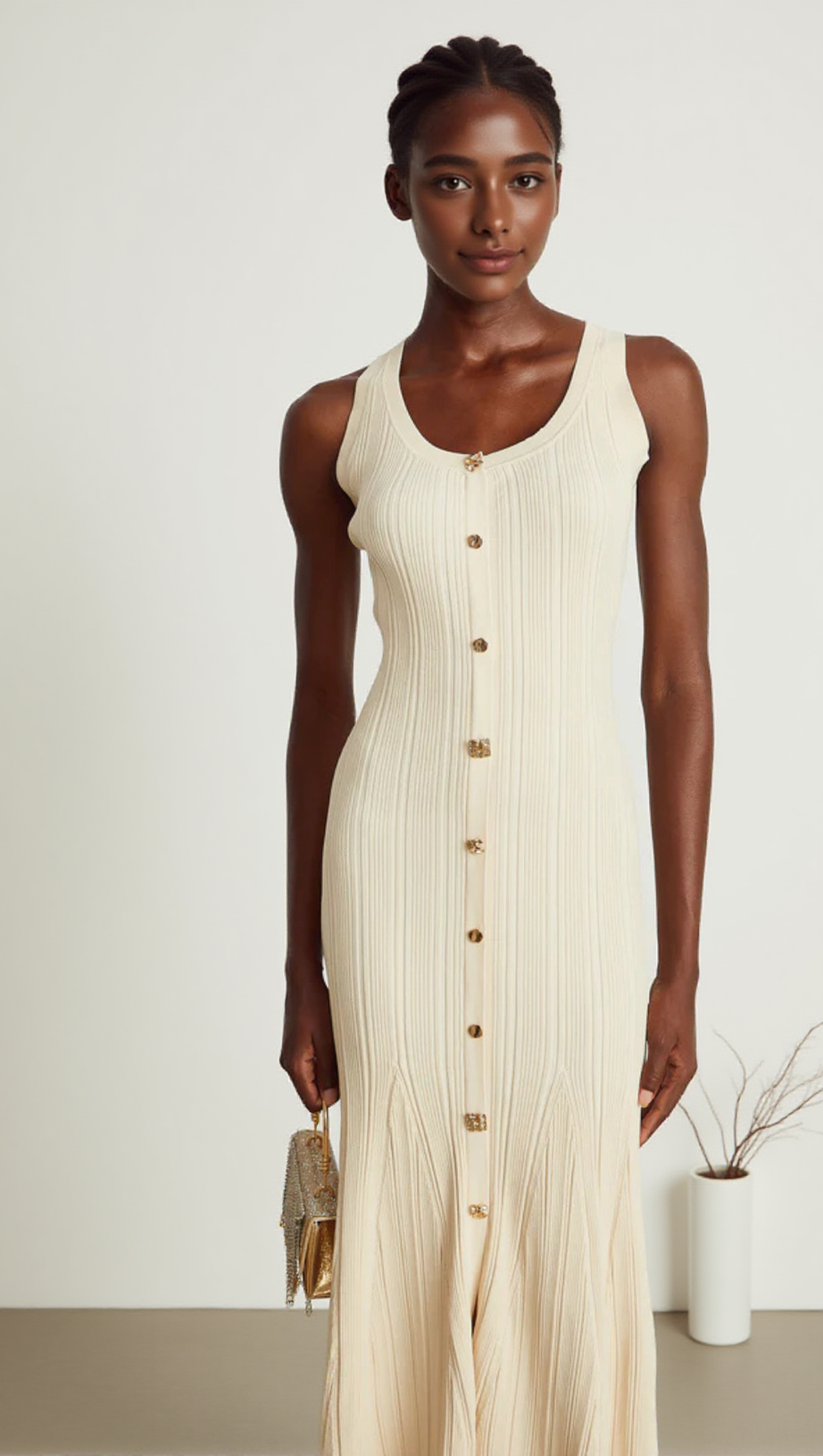 Mit Knöpfen verziertes Midikleid aus Rippstrick in Aprikose