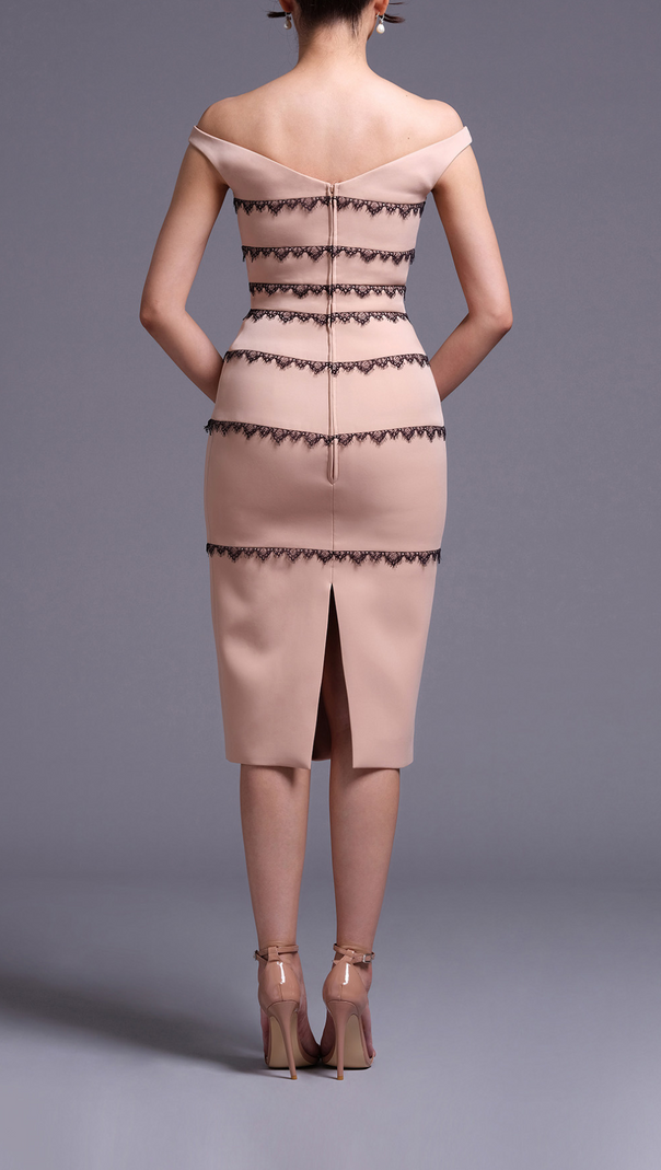AIIZIE NUDE OFF-SHOULDER DRESS WITH BLACK LACE TRIMMING DETAIL - product image