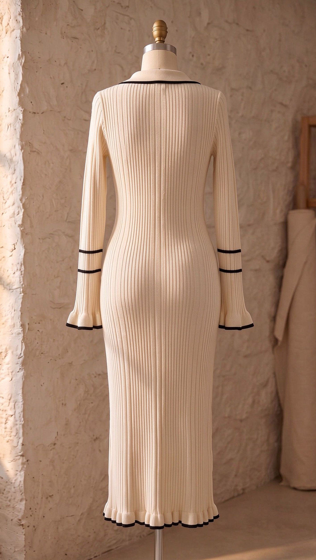 Cream Ribbed Knit Column Dress with Black Contrast Trim