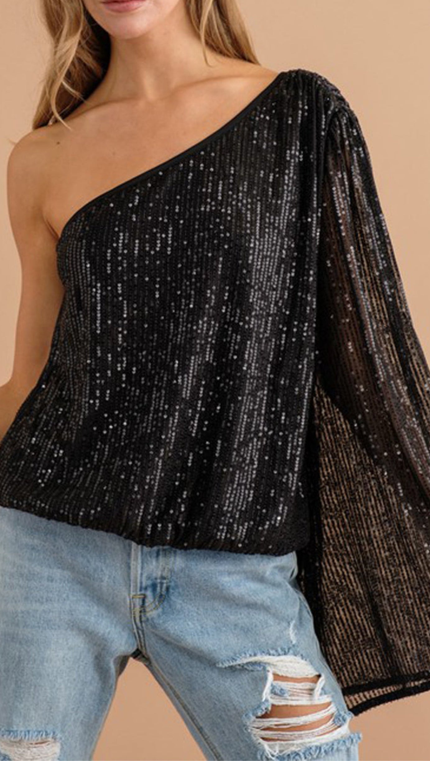SEQUIN ONE SHOULDER BELL SLEEVE TOP