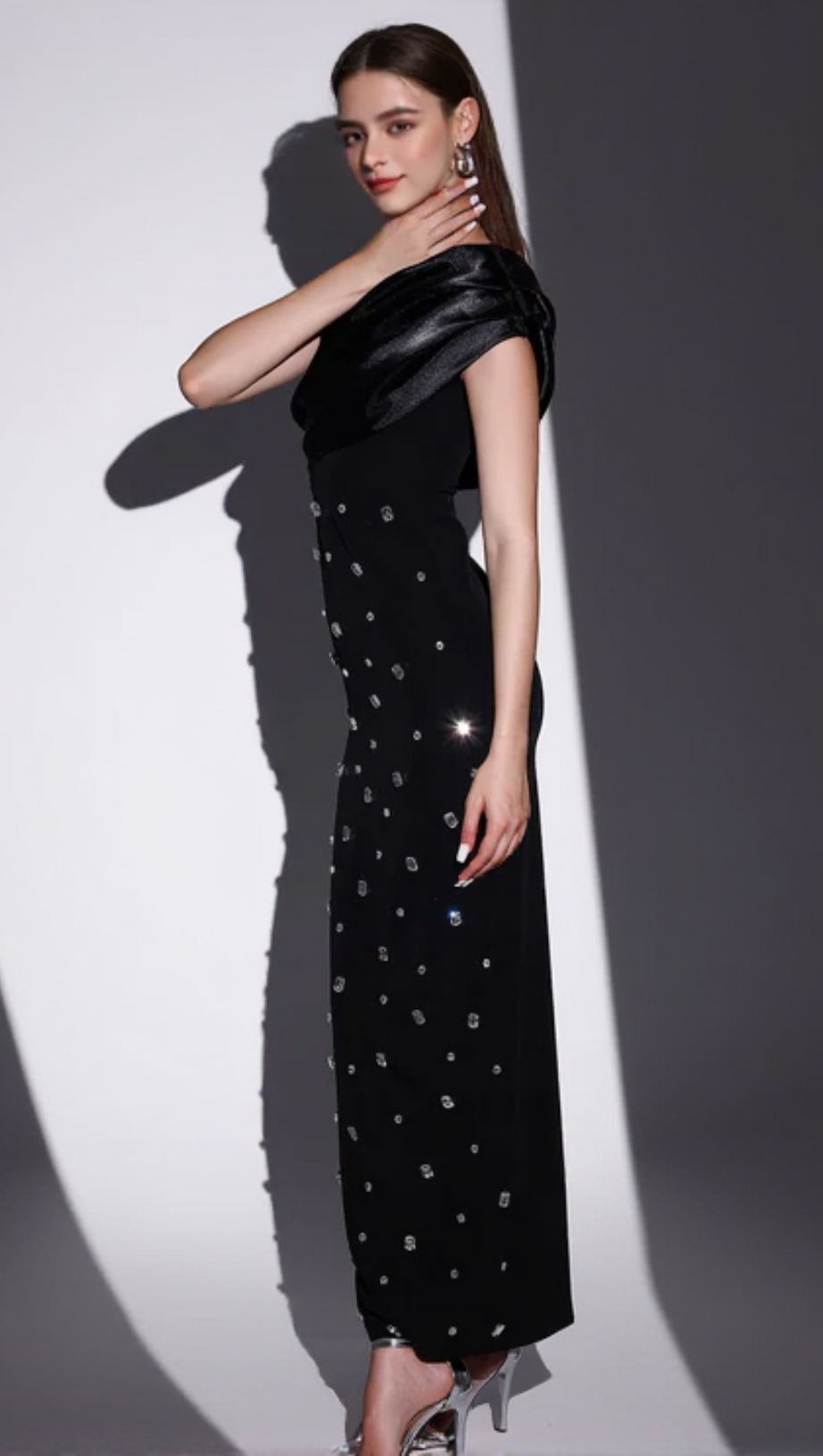 ONE-SHOULDER CRYSTAL-EMBELLISHED BANDAGE MAXI DRESS IN BLACK