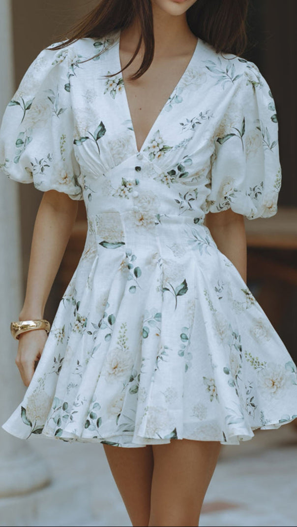 AIIZIE VENUS V-NECK FLORAL PRINT PUFF SLEEVE MINI DRESS - product image