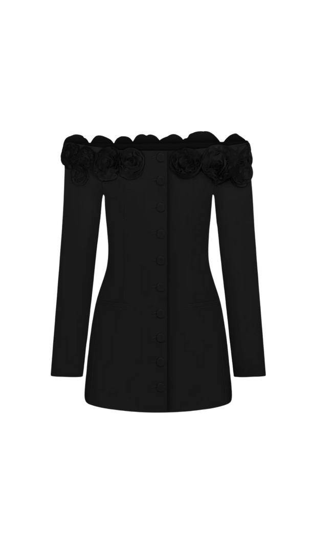 AIIZIE ERICA 3D FLORAL OFF-SHOULDER MINI DRESS IN BLACK - product image