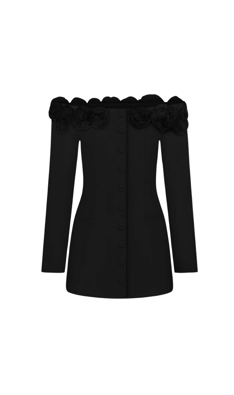 ERICA 3D FLORAL OFF-SHOULDER MINI DRESS IN BLACK