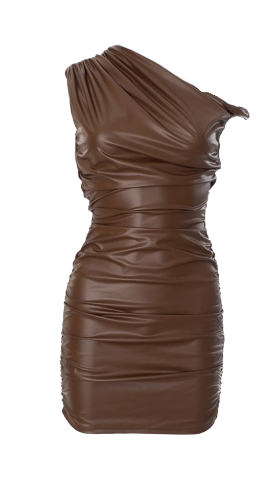 KADWYN RUCHED ASYMMETRIC FAUX LEATHER MINI DRESS IN BROWN