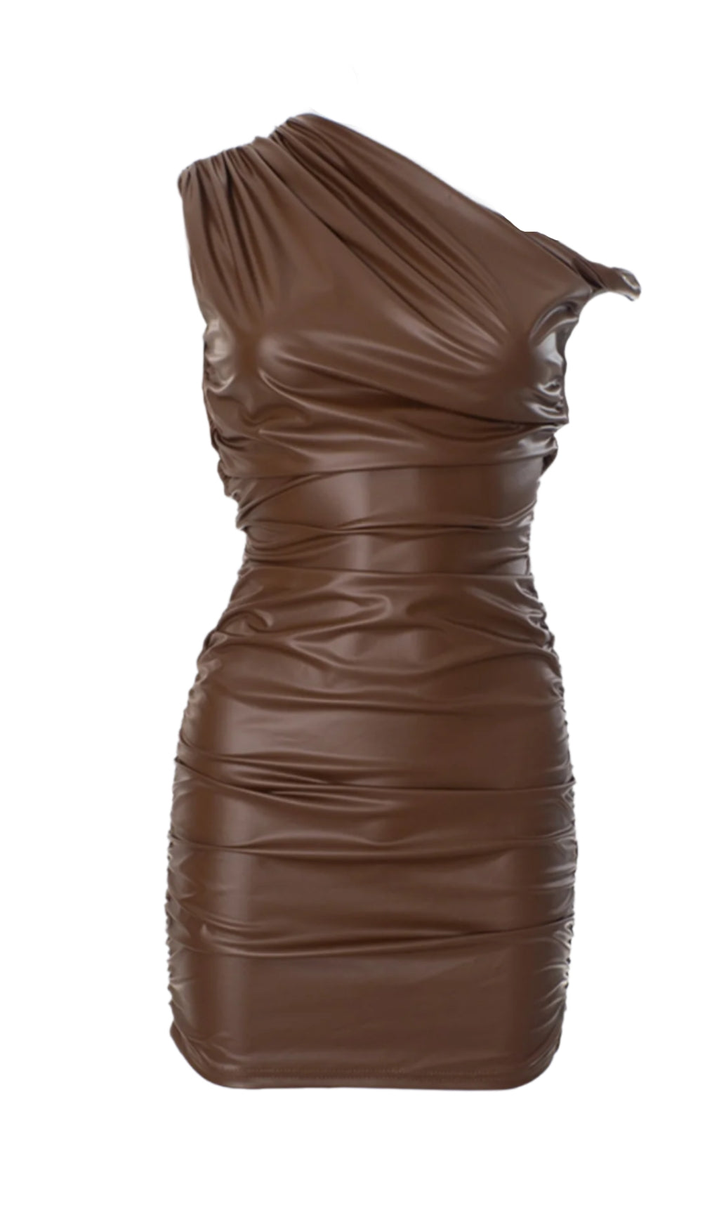KADWYN RUCHED ASYMMETRIC FAUX LEATHER MINI DRESS IN BROWN