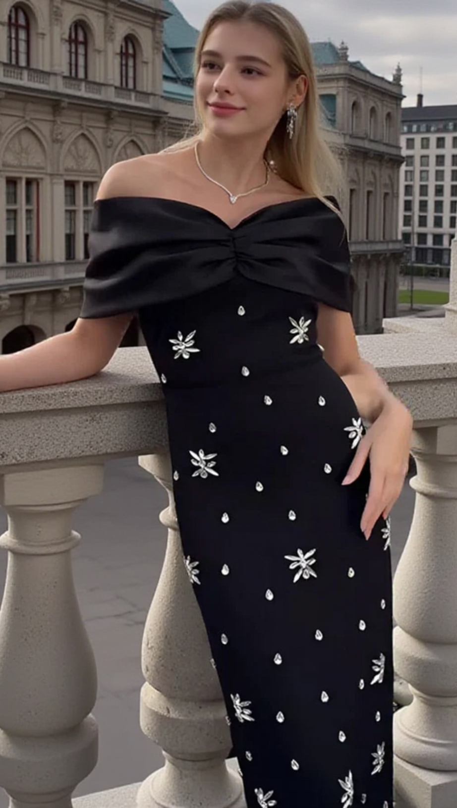 DRAPED BARDOT CRYSTAL DETAIL MAXI DRESS IN BLACK