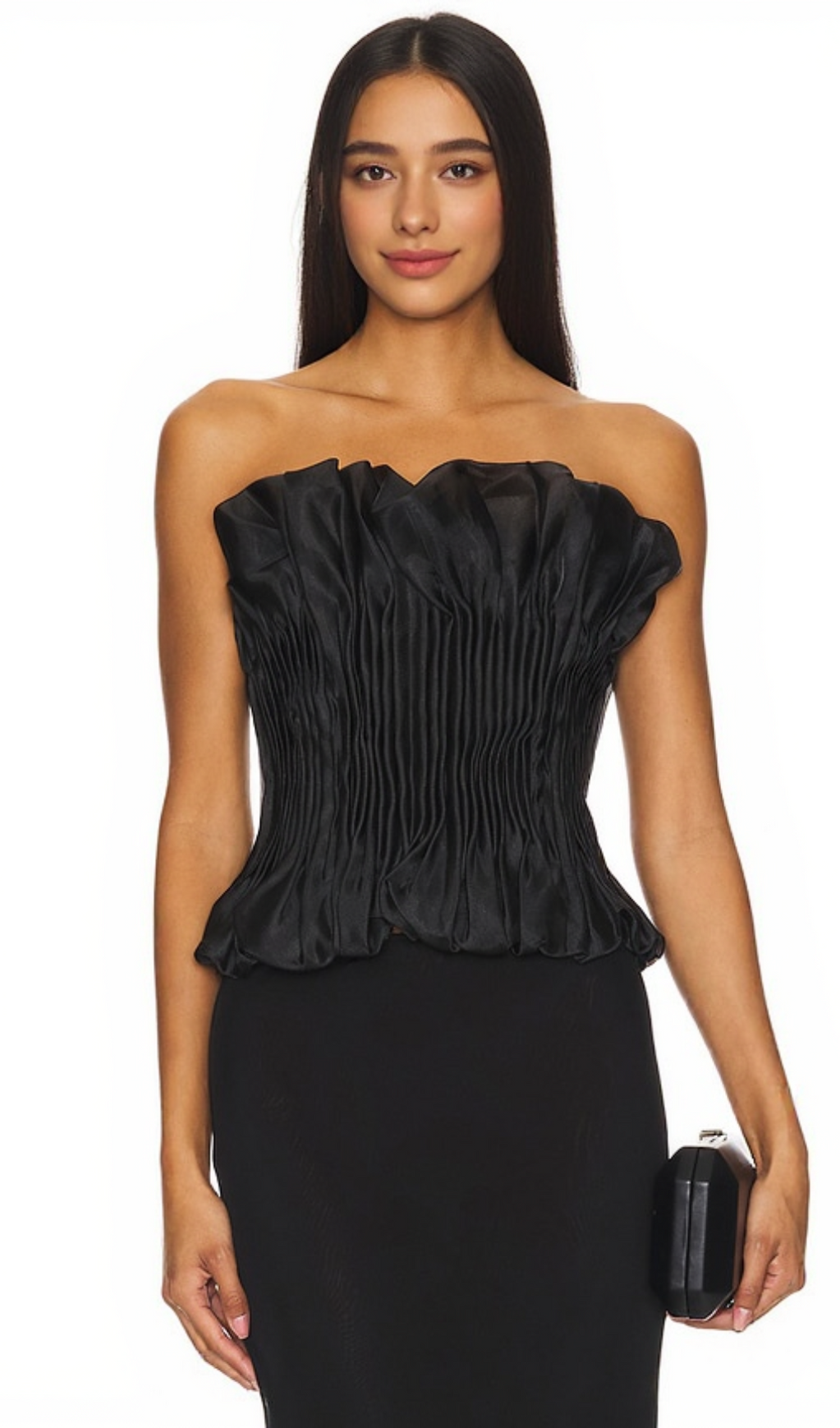 PRINT RUFFLE TRIM TOP IN BLACK