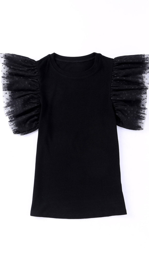 AIIZIE BLACK DOTTY MESH RUFFLE SLEEVE RIBBED KNIT TOP - product image