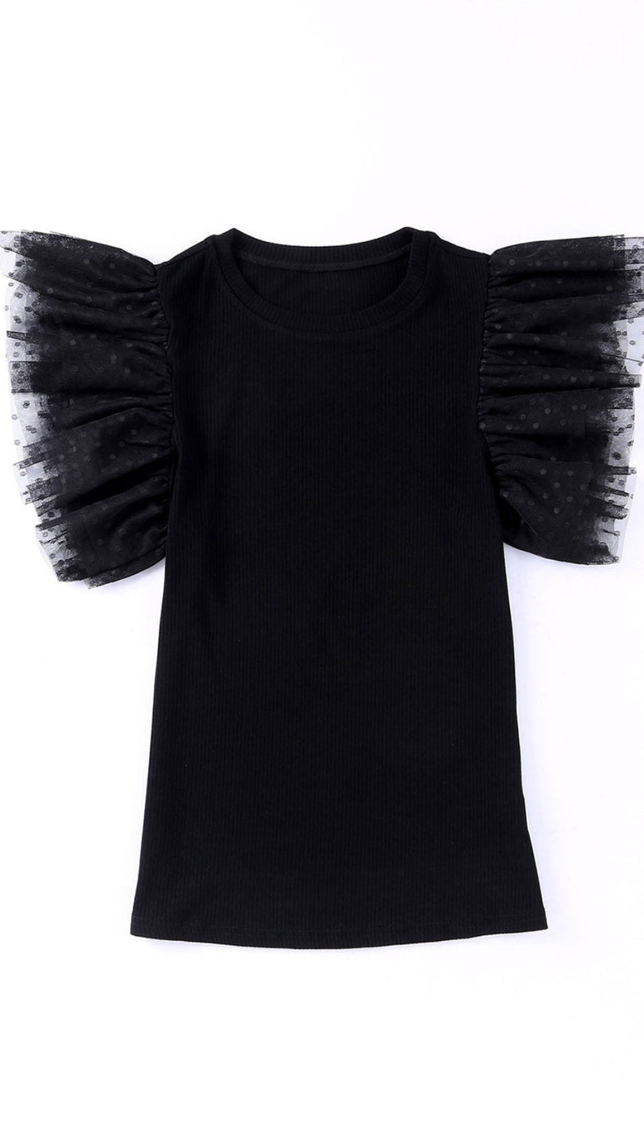 BLACK DOTTY MESH RUFFLE SLEEVE RIBBED KNIT TOP