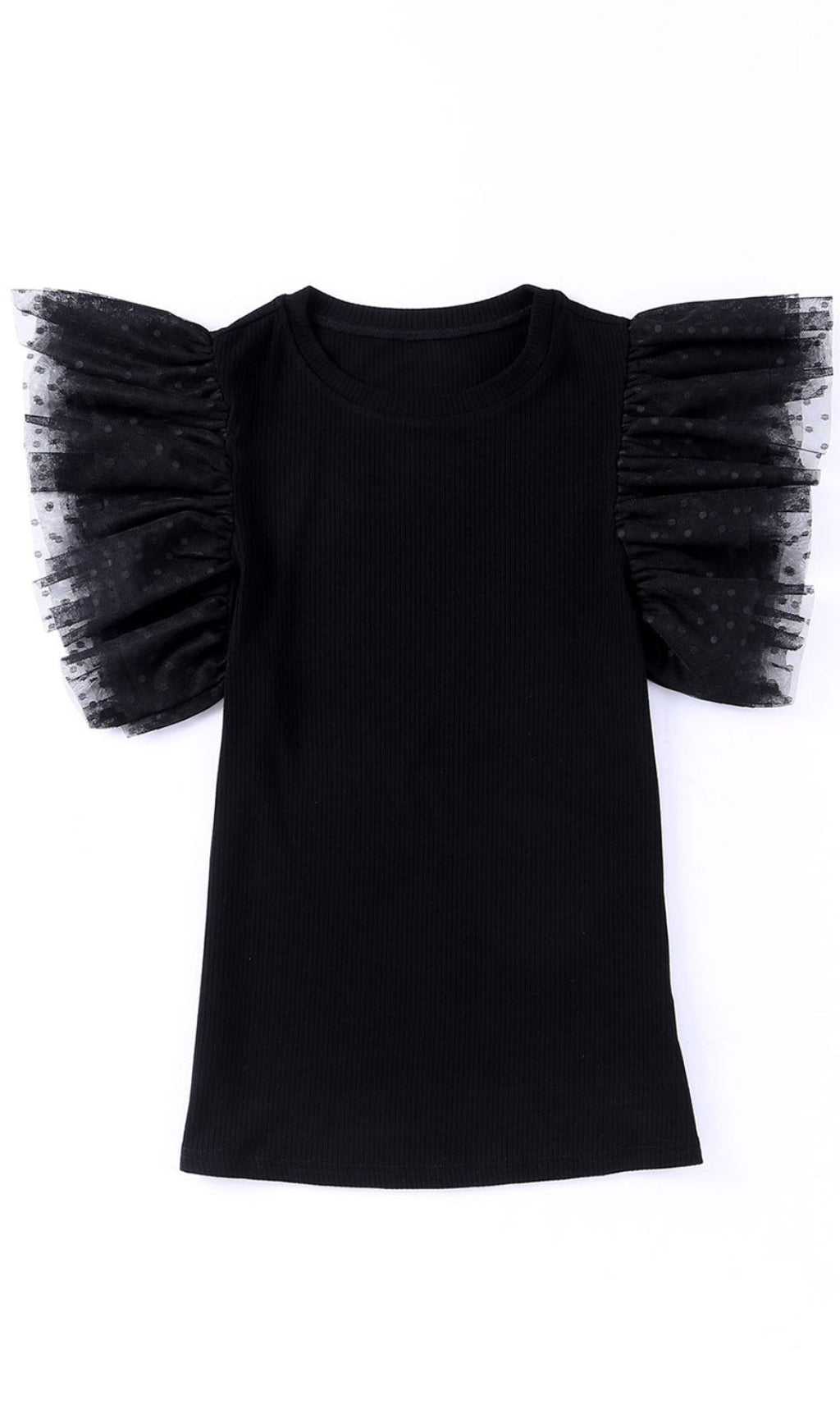 BLACK DOTTY MESH RUFFLE SLEEVE RIBBED KNIT TOP