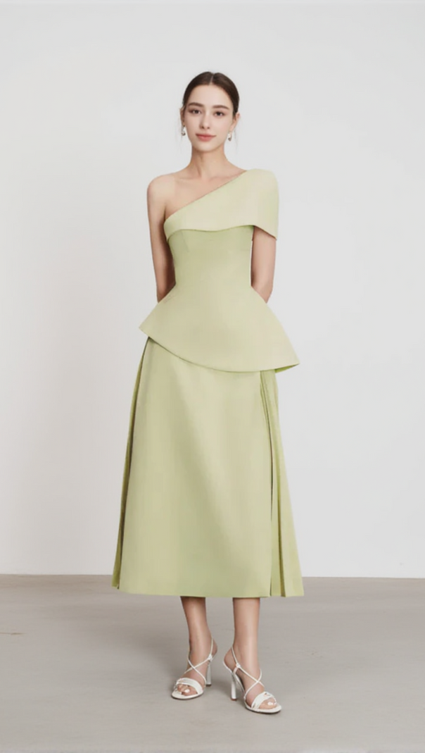 AIIZIE ONE SHOULDER TOP FLARE MIDI SKIRT SUIT IN OLIVE GREEN - product image