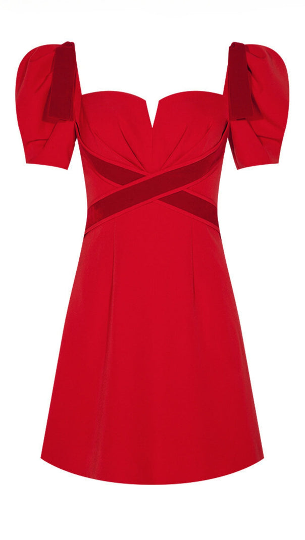 AIIZIE VELVET TIERED PUFF SLEEVE MINI DRESS IN RED - product image