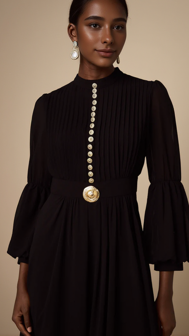 AIIZIE LANTERN SLEEVE SILK MIDI DRESS IN BLACK - product image