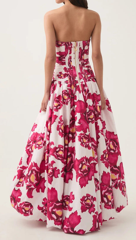 NANCY VIOLETTE  BUBBLE HEM MAXI DRESS IN PALE RED