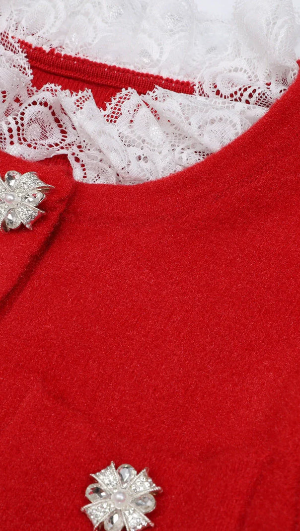 AIIZIE Vibrant Red Knit Mini Dress | Ruffle Lace, Sparkle Buttons & Belted Chic - product image