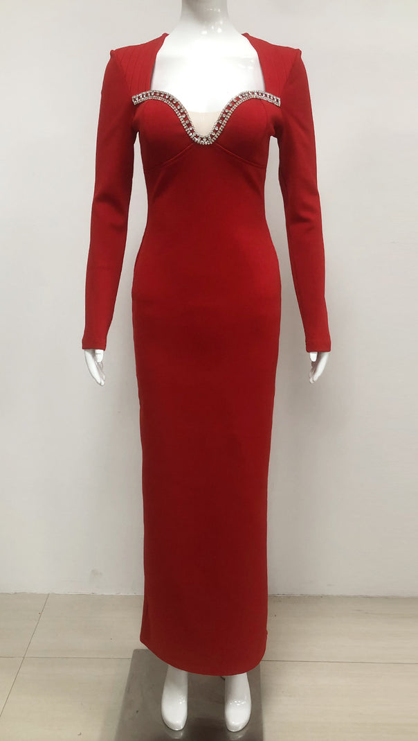 AIIZIE SYLVIA CRYSTAL EMBELLISHED LONG SLEEVE MAXI DRESS IN RED - product image