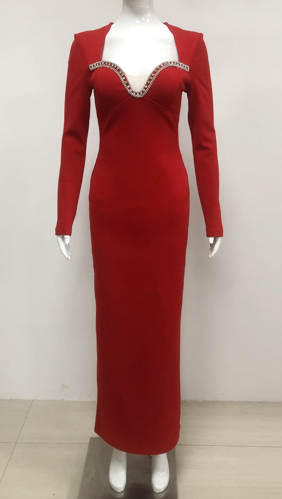 SYLVIA CRYSTAL EMBELLISHED LONG SLEEVE MAXI DRESS IN RED
