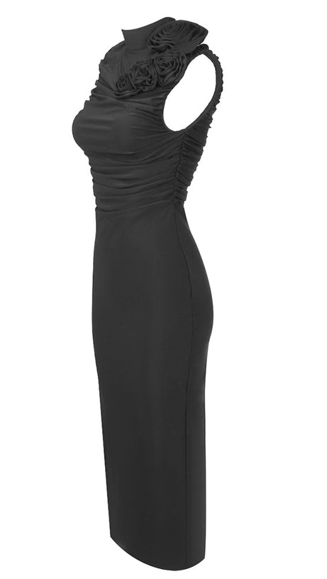 ADORA FLOWER EMBELLISHED RUCHED MIDI DRESS IN BLACK