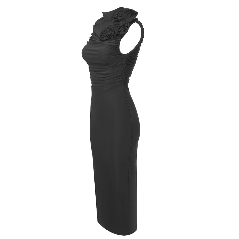 AIIZIE ADORA FLOWER EMBELLISHED RUCHED MIDI DRESS IN BLACK - product image