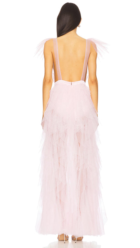 Rüschentüll über einem Minikleid aus geblümter Spitze in Rosa 