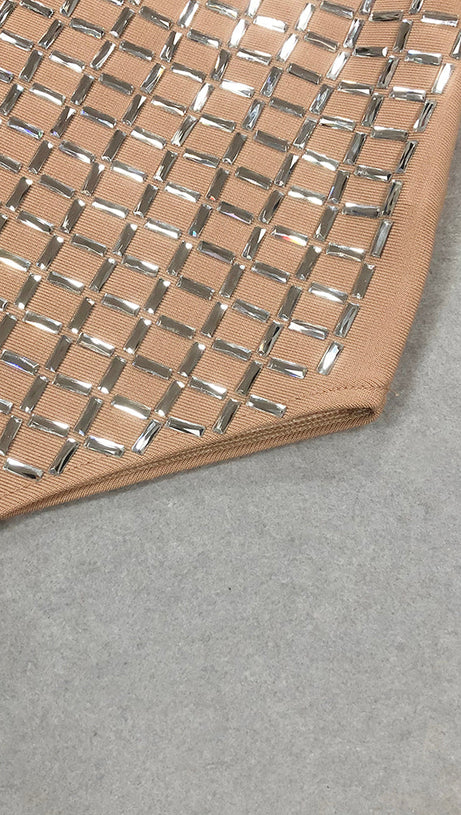 SEQUIN-EMBELLISHED SLIT MIDI DRESS IN APRICOT