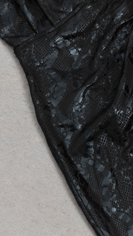 ANIMAL PRINT HALTER DRAPED MIDI DRESS BLACK