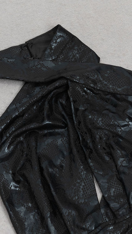 ANIMAL PRINT HALTER DRAPED MIDI DRESS BLACK