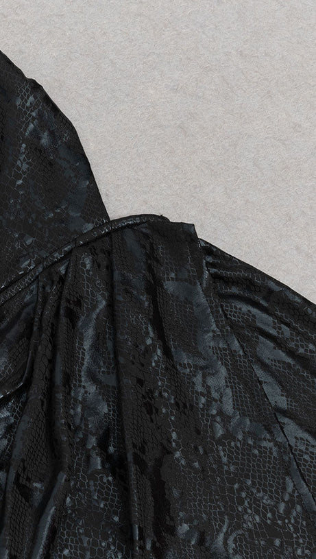 ANIMAL PRINT HALTER DRAPED MIDI DRESS BLACK