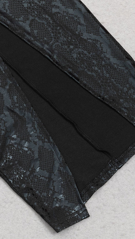 ANIMAL PRINT HALTER DRAPED MIDI DRESS BLACK