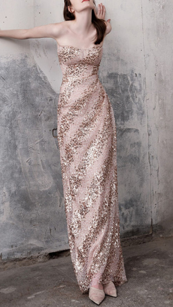 AIIZIE Janya Dazzling Strapless Sequin Maxi Dress | Glamour Evening Gown for Women - product image
