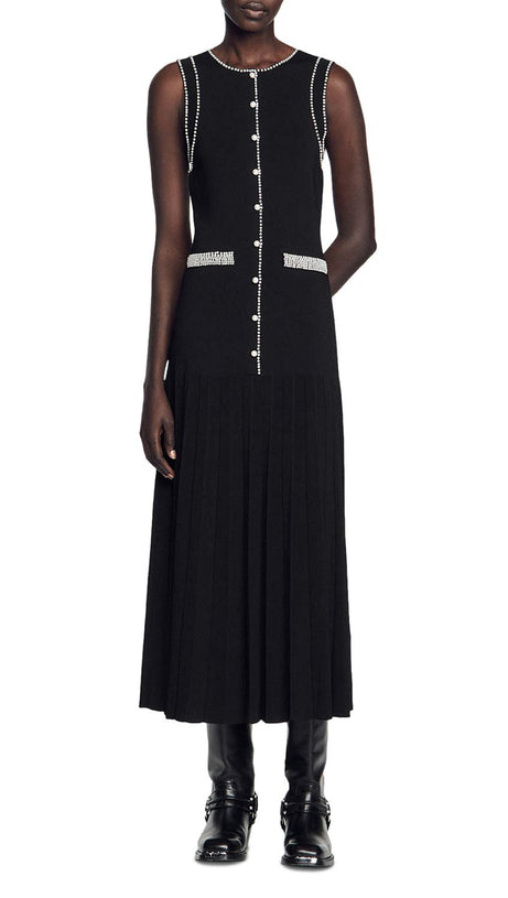 SALOME BEADED TRIM SLEEVELESS KNIT BLACK MIDI DRESS