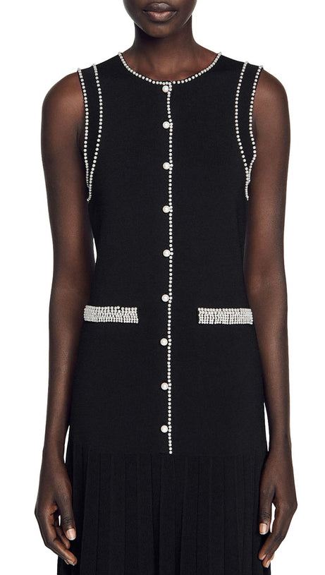 SALOME BEADED TRIM SLEEVELESS KNIT BLACK MIDI DRESS