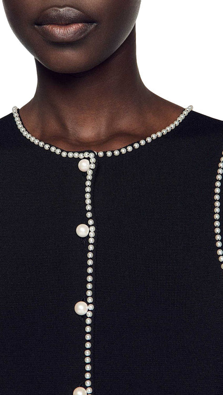 SALOME BEADED TRIM SLEEVELESS KNIT BLACK MIDI DRESS