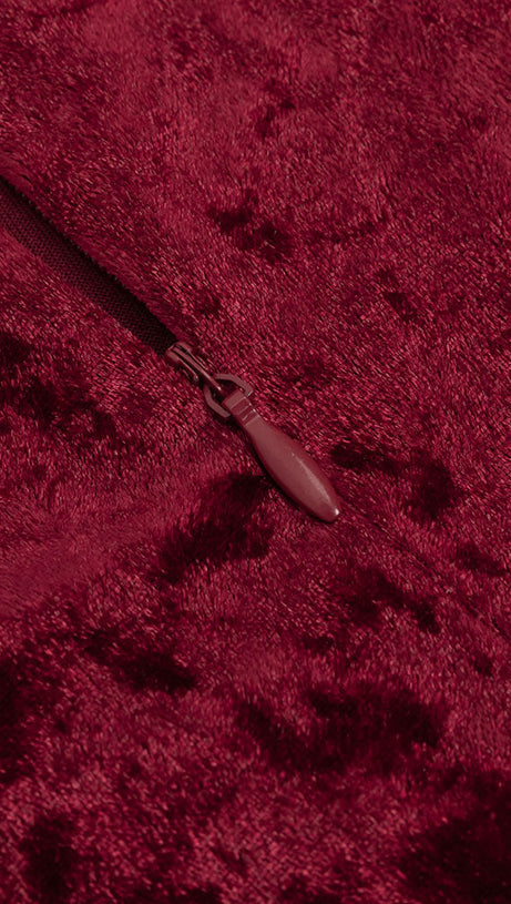 VELVET HIGH NECK HOLLOW WAIST MAXI DRESS IN BURGUNDY