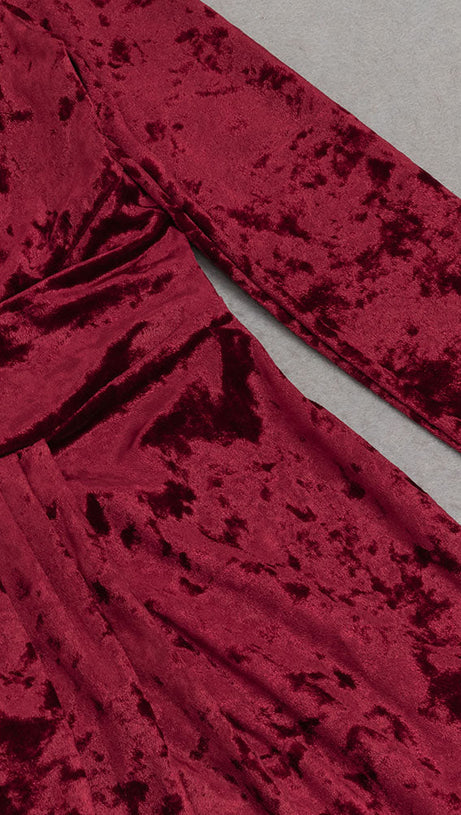 VELVET HIGH NECK HOLLOW WAIST MAXI DRESS IN BURGUNDY