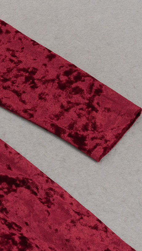 VELVET HIGH NECK HOLLOW WAIST MAXI DRESS IN BURGUNDY