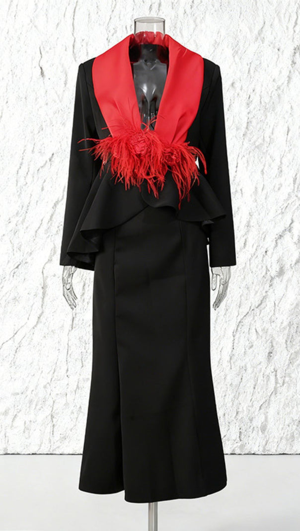 AIIZIE Janiya Black Peplum Blazer & Maxi Skirt Set with Dramatic Red Feather Accent - product image
