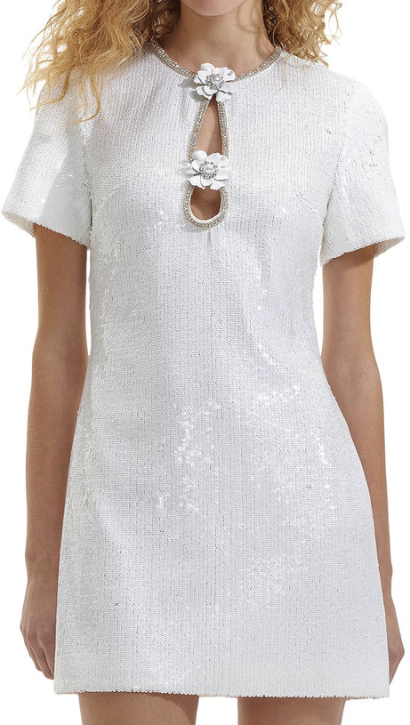 EDEN WEISSES MINIKLEID AUS TÜLL MIT VERZIERUNGEN, CUTOUTS UND PAILLETTEN