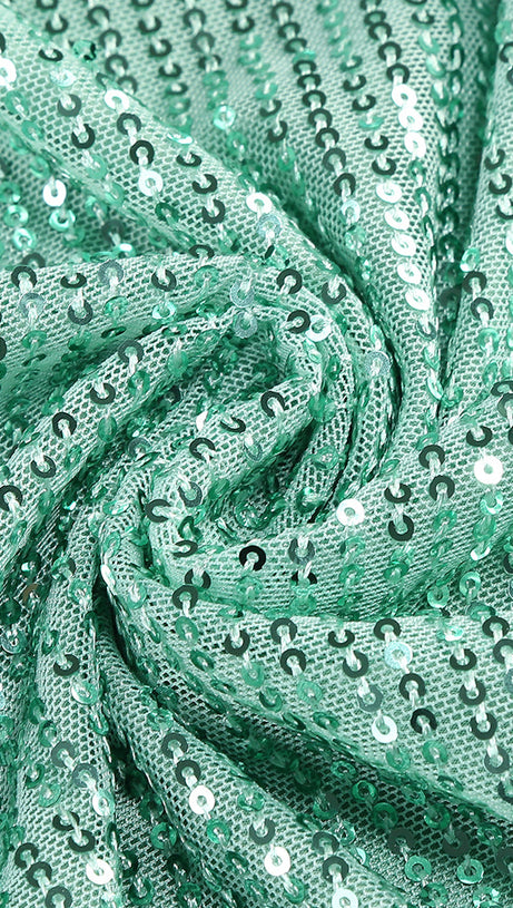 SEQUIN RUCHED HIGH SLIT MAXI DRESS IN GREEN