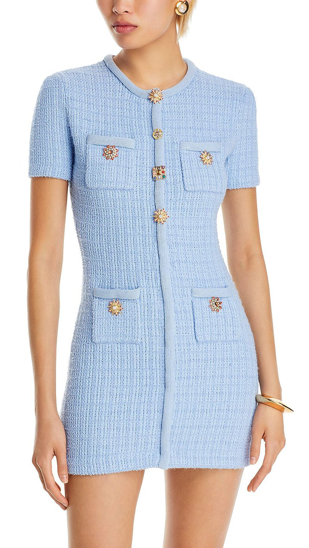AIIZIE MODESTY BEADED BUTTON KNIT MINI DRESS IN BLUE - product image