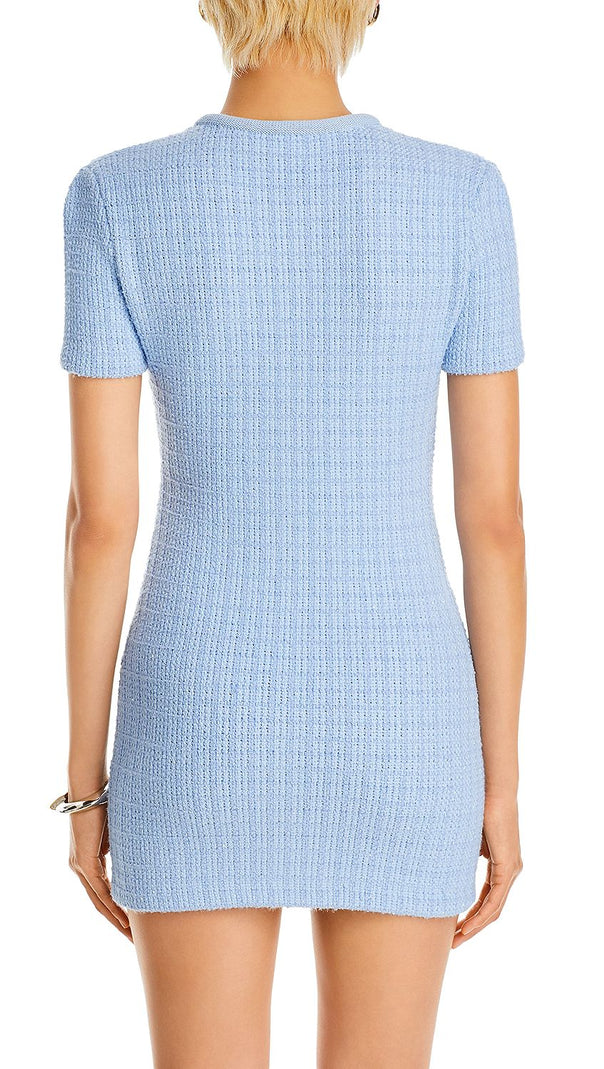 AIIZIE MODESTY BEADED BUTTON KNIT MINI DRESS IN BLUE - product image