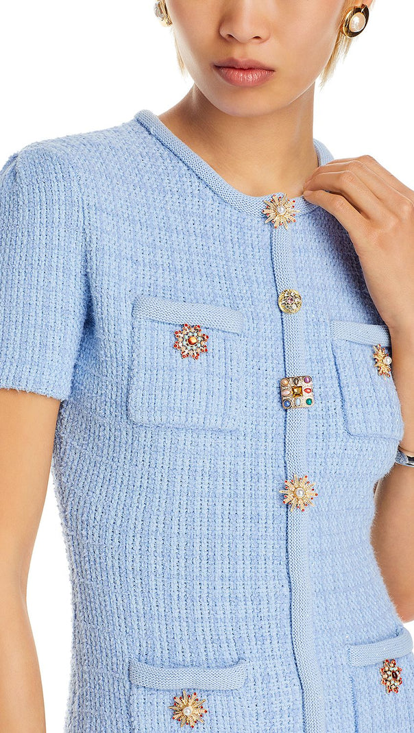 AIIZIE MODESTY BEADED BUTTON KNIT MINI DRESS IN BLUE - product image
