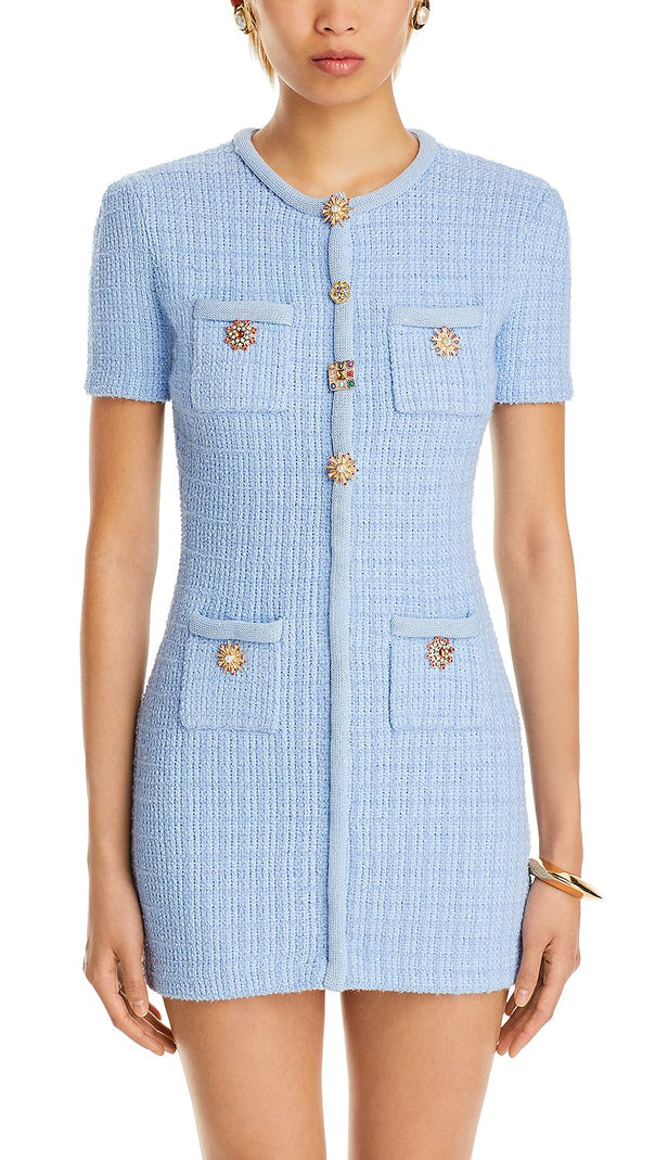 AIIZIE MODESTY BEADED BUTTON KNIT MINI DRESS IN BLUE - product image